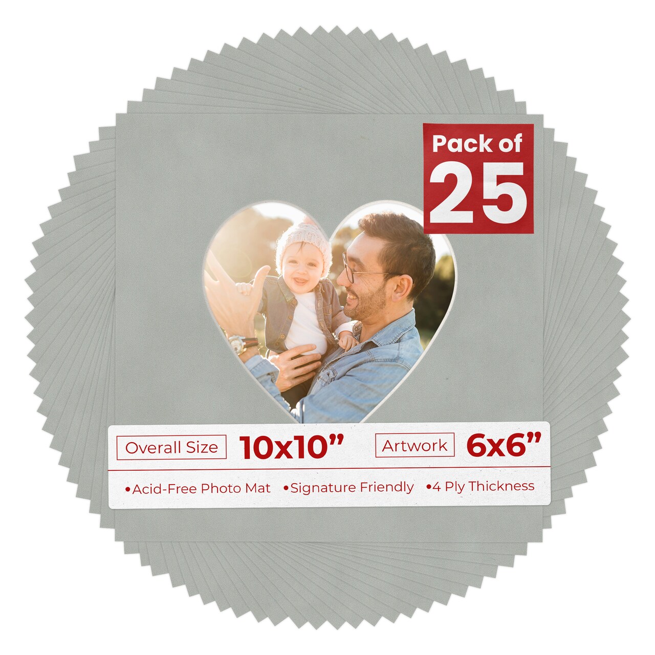 Light Grey Suede Mat Board for 10x10 Frames - Heart Opening for 6x6 Photos